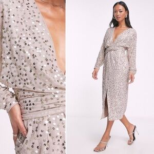 NWT ASOS Silver Sequin Purple Wrap Dolman Sleeve Midi Dress Size 4